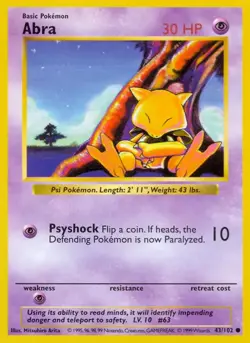 Abra - 43/102 - Pokemon Base Set Shadowless Card WOTC NM - Image 1