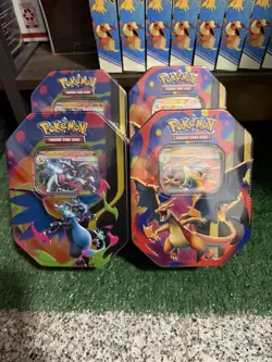 Pokemon TCG Mega Charizard X & Y EX Tins Sealed. 2 X and 2 Y Tins. Free Ship! - Image 1