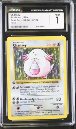 CGC 1 Chansey 1999 Base Set 1st Edition Shadowless 3/102 Holo Pokemon Card - Image 1