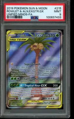 PSA 9 MINT Pokemon Rowlet & Alolan Exeggutor GX Unified Minds Full Art 215/236 - Image 1