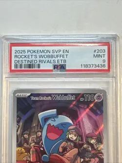 POKEMON DESTINED RIVALS ETB PROMO #203 TEAM ROCKET'S WOBBUFFET PSA 9 - Image 3