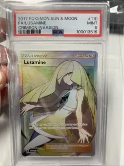 DW 2017 Pokemon Sun & Moon Crimson Invasion #110 Lusamine Full ART PSA 9 Mint - Image 1