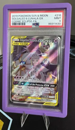 2019 POKEMON SUN & MOON COSMIC ECLIPSE #216 FULL ART/SOLGALEO & LUNALA GX PSA 9 - Image 1