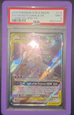 2019 POKEMON SUN & MOON COSMIC ECLIPSE #216 FULL ART/SOLGALEO & LUNALA GX PSA 9 - Image 2