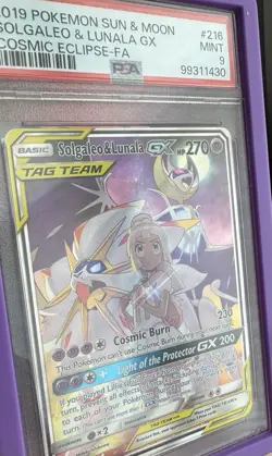2019 POKEMON SUN & MOON COSMIC ECLIPSE #216 FULL ART/SOLGALEO & LUNALA GX PSA 9 - Image 3
