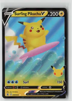 Pokemon Surfing Pikachu V #008/025 Celebrations Near Mint or Better - Image 1
