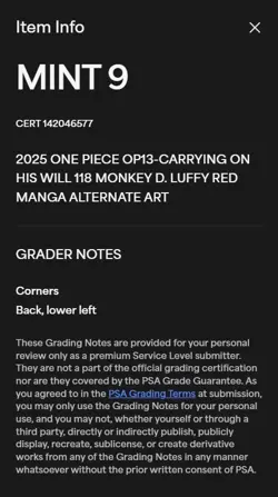 2025 ONE PIECE CARRYING ON HIS WILL RED MANGA ALT ART #118 MONKEY D. LUFFY PSA 9 - Image 3