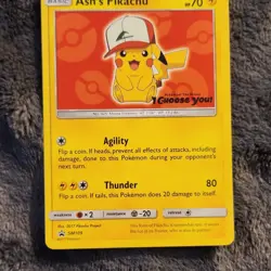 Pokemon Ash's Pikachu Promo Basic Card HP70 80 Attack SM109 English - Image 1