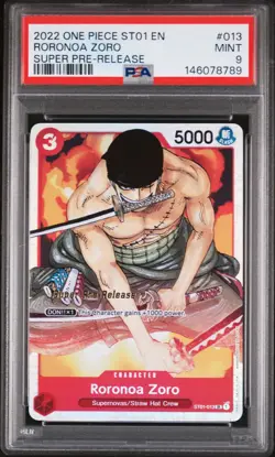 One Piece CCG Roronoa Zoro Super Pre-Release ST01-013 PSA 9 Mint - Image 1