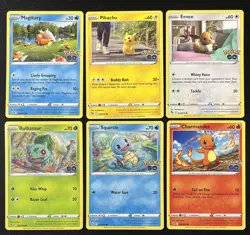 6 Card Lot Eevee , Pikachu , Charmander , Squirtle & More Pokemon Go TCG - Image 1