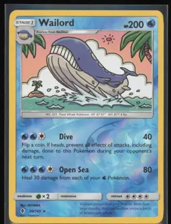 Wailord Reverse Holo 30/145 Pokemon SM: Guardians Rising LP Pokemon Card - Image 1