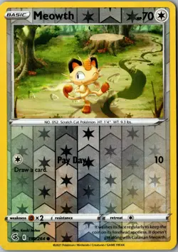 Meowth Reverse Holo 199/264 Common SWSH08: Fusion Strike LP Pokemon Card - Image 1