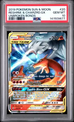 2019 POKEMON SUN & MOON UNBROKEN BONDS #20 RESHIRAM & CHARIZARD GX PSA 10 Gem - Image 1