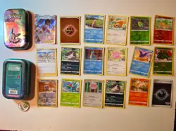 Pokemon TCG 18 Card Bundle job lot free tin & token great condition bargain lot - Image 1