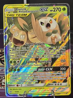 Rowlet & Alolan Exeggutor GX Tag Team Pokemon Card Sun & Moon 1/236 Holo - Image 1