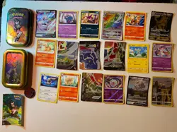 Pokemon TCG 18 Card Bundle job lot free tin token & sticker sheet great cond - Image 1