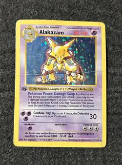 1999 1st Edition Alakazam 1/102 Base Set Shadowless Holo Pokemon Card Damaged - Image 1