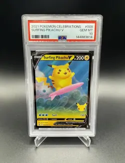 2021 POKEMON CELEBRATIONS #008/025 SURFING PIKACHU V PSA 10 - Image 1