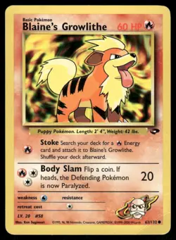 Pokemon Cards Blaine's Growlithe 62/132 Unlimited Gym Challenge Common LP - Image 1