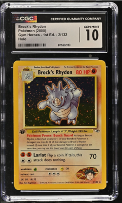 CGC 10 GEM MINT Brock's Rhydon Gym Heroes 1st Edition 2/132 Holo Pokemon Card - Image 1