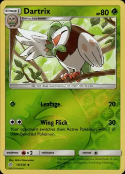 Dartrix Uncommon SM Cosmic Eclipse 19/236 Grass Reverse Holo Pokemon Card - Image 1