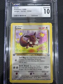 CGC Gem Mint 10 Eevee 51/64 1st Edition Jungle WOTC Pokemon Card 1999 Vintage - Image 1