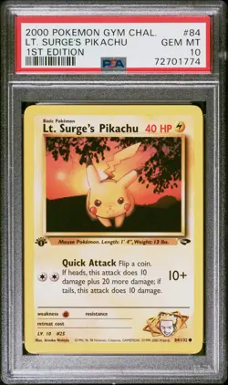 PSA 10 Lt. Surge'S Pikachu 1st Edition Gym Challenge 84/132 Pokemon Card - Image 1