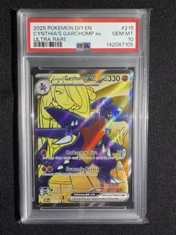 2025 POKEMON DESTINED RIVALS #215/182 CYNTHIA'S GARCHOMP EX ULTRA RARE PSA 10 - Image 1