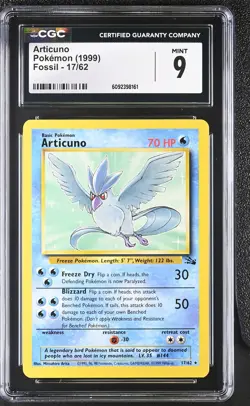 CGC 9 MINT Articuno 1999 Fossil 17/62 Pokemon Card - Image 1