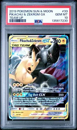 PSA 10 Pikachu & Zekrom GX 33/81 Sun & Moon Team Up Tag Team Pokemon English Gem - Image 1