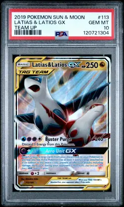 2019 POKEMON SUN & MOON TEAM UP #113 LATIAS & LATIOS GX PSA 10 - Image 1