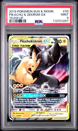2019 POKEMON SUN & MOON TEAM UP #33 PIKACHU & ZEKROM GX PSA 9 - Image 1