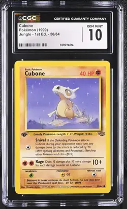 CGC 10 GEM MINT Cubone 1999 Jungle 1st Edition 50/64 Pokemon Card - Image 1