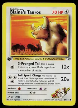 Pokemon Card - Blaine's Tauros Gym Heroes 64/132 Common 1st Edition - Image 1