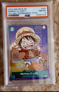 2023 ONE PIECE PROMO #P-037 MONKEY.D.LUFFY 1ST ANNIVERSARY TOURNAMENT PSA 8 - Image 1