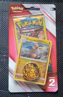 Pokemon Trading Cards 2 mini packs, special foil card, Dragonite, coin - Image 1