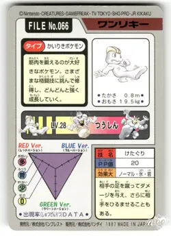 1997 Lightly Played Pokemon Machop No. 066 Bandai Carddass Series 3-4 Japanese - Image 2