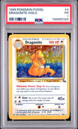 PSA 1 PR 1999 Pokemon Fossil Dragonite Holo 4/62 Holo Foil WOTC Unlimited - Image 1