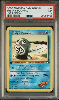 TCG 2000 Pokemon GYM HEROES Non-Holo 1ST Edition Card MISTY'S POLIWAG # 87 PSA 7 - Image 1