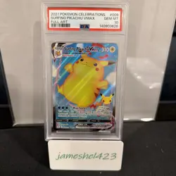 2021 Pokemon Celebrations Surfing Pikachu VMAX #009/025 FA PSA 10 Gem Mint - Image 1
