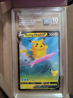 Pokemon Surfing Pikachu V 008/025 Celebrations Full Art TAG 10 GEM MINT - Image 1