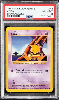 1999 POKEMON BASE SET SHADOWLESS #43 ABRA PSA 8 - Image 1