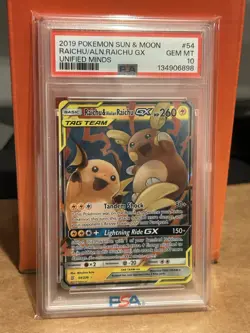 2019 Pokemon SM Unified Minds Raichu Alolan Tag Team #54/236 PSA 10 - Image 1