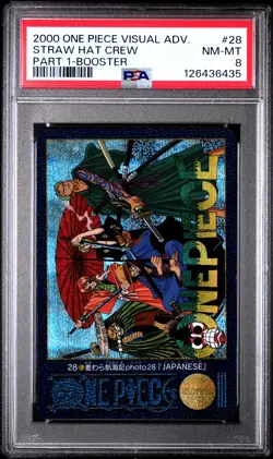 2000 CARDDASS ONE PIECE VISUAL ADVENTURE PART 1 BOOSTER #28 STRAW HAT CREW PSA 8 - Image 1