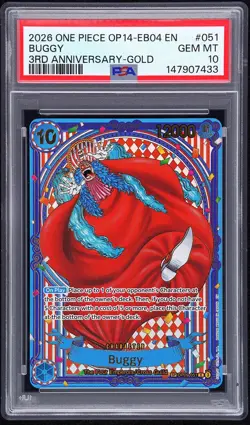 2026 ONE PIECE OP14-EB04-THE AZURE SEA'S SEVEN 3RD ANNIV-GOLD #051 BUGGY PSA 10 - Image 1