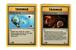 First Edition 1999 POKEMON Cards 59 ENERGY SEARCH & 62 Mysterious FOSSIL Trainer - Image 1