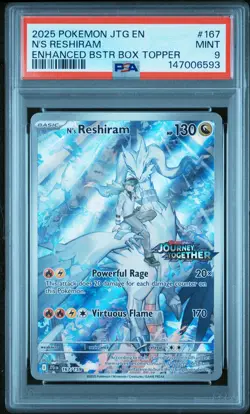 2025 POKEMON JOURNEY TOGETHER ENHANCED BOOSTER BOX TOPPER N'S RESHIRAM PSA 9 - Image 1