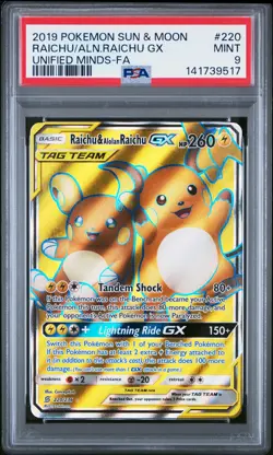 2019 POKEMON SUN & MOON UNIFIED MINDS FULL ART/RAICHU & ALOLAN RAICHU GX PSA 9 - Image 1