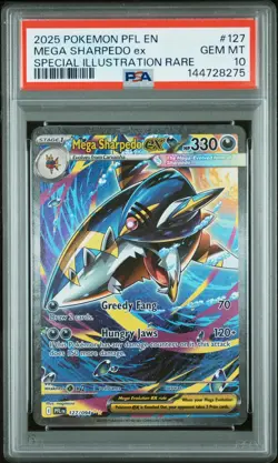 2025 POKEMON PFL SPECIAL ILLUSTRATION RARE #127 MEGA SHARPEDO EX PSA 10 - Image 1