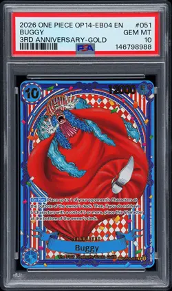 2026 ONE PIECE OP14-EB04-THE AZURE SEA'S SEVEN 3RD ANNIV-GOLD #051 BUGGY PSA 10 - Image 1